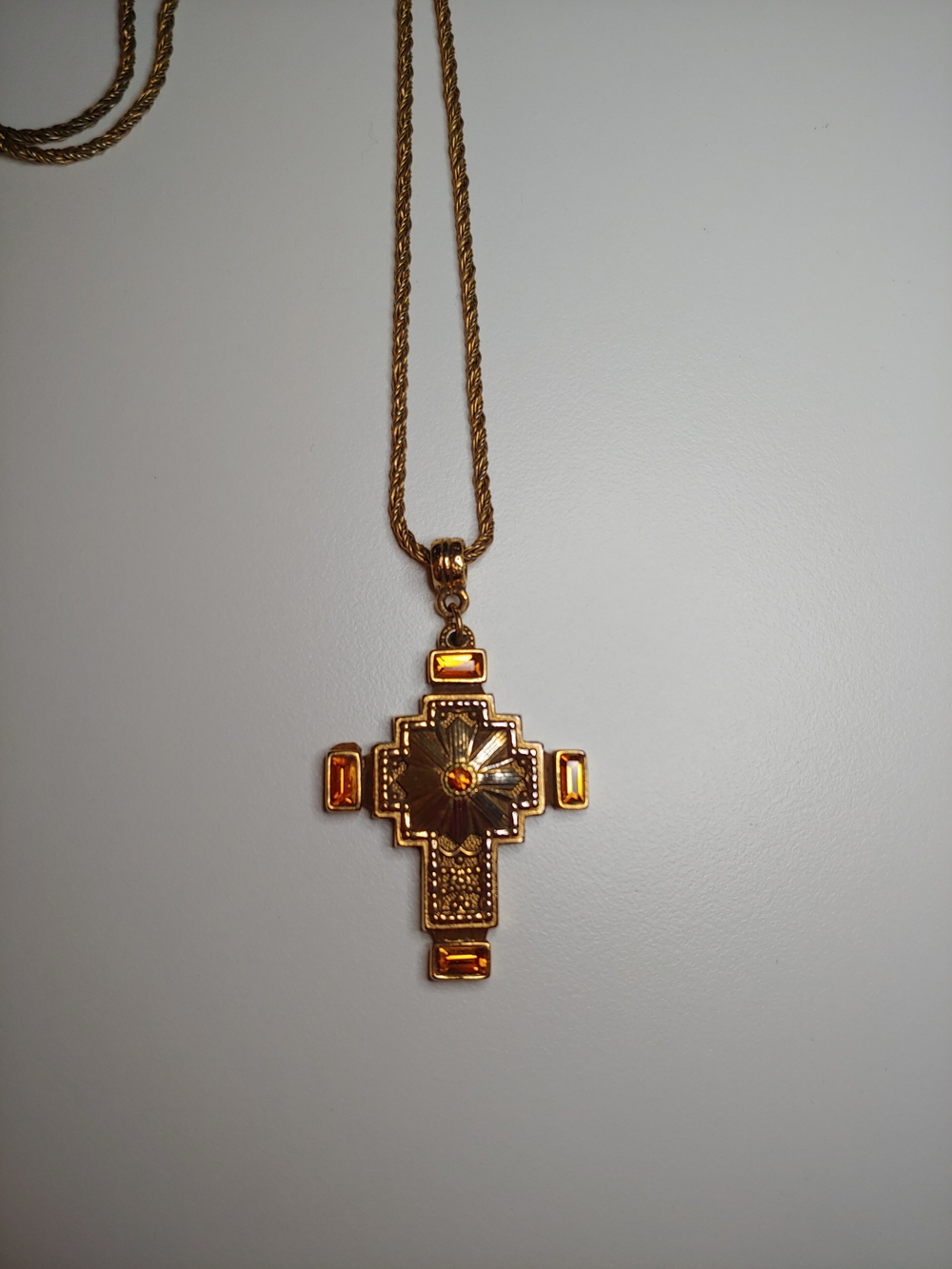 Vintage Gold-Tone Cross Necklace with Amber Accents